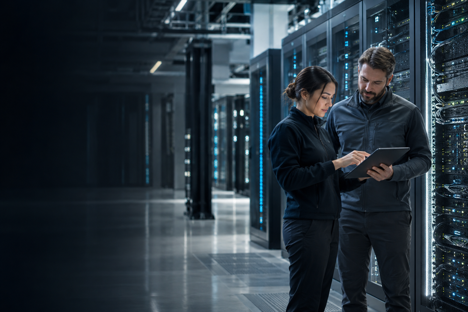 Two engineers reviewing a tablet in a modern computing infrastructure environment